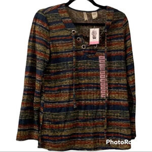 Chenault Teal Multi Lace Up Top NWT Small